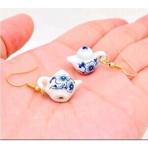 Ceramic Teapot Charm Dangle Earrings Blue Floral Design